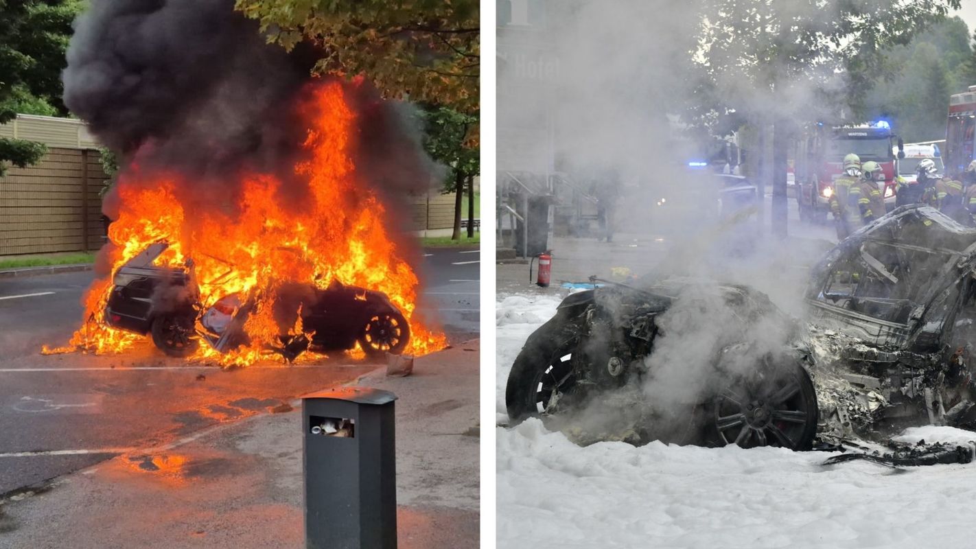 Spektakuläre Bilder: Auto ging auf Autobahnparkplatz in Tulfes in Flammen auf