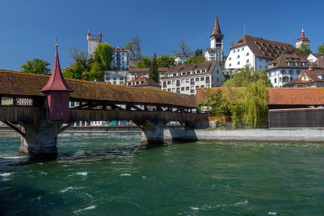 The Spreuerbrucke - a wooden covered bridge built in 1408 that spans the Reuss in Luzurn (Lucerne) in Switzerland.