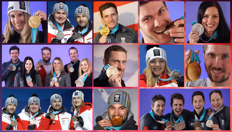 Foto des Monats Februar: Insgesamt 14 Medaillen räumten Österreichs Sportler bei den Olympischen Winterspielen in in Pyeongchang ab. Marcel Hirscher (2), Anna Gasser, David Gleirscher und Matthias Mayer jubelten gar über Gold. Zudem gab's drei Mal Silber und sechs Mal Bronze.