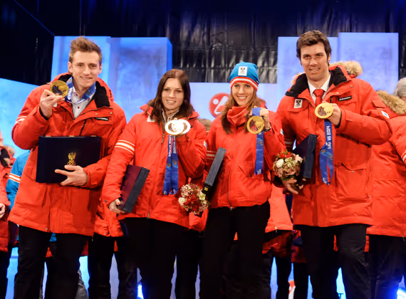Die vier Goldenen: Matthias Mayer, Anna Fenninger, Julia Dujmovits und Mario Matt.
