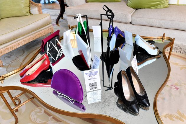Princess Diana' shoes and purses are displayed during Julien's Auctions' press preview of "Princess Diana's Elegance & a Royal Collection", ahead of an exclusive private showing at the Peninsula Beverly Hills, Beverly Hills, California, June 25, 2024. (Photo by VALERIE MACON / AFP)