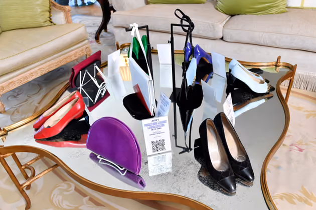 Princess Diana' shoes and purses are displayed during Julien's Auctions' press preview of "Princess Diana's Elegance & a Royal Collection", ahead of an exclusive private showing at the Peninsula Beverly Hills, Beverly Hills, California, June 25, 2024. (Photo by VALERIE MACON / AFP)