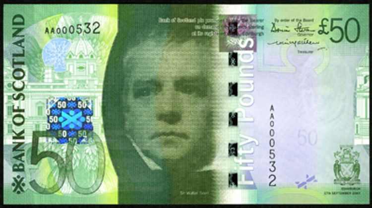 Sir Walter Scott war ein schottischer Dichter und ist kein Unbekannter auf Pfundnoten. Im Hintergrund ist die Bank of Scotland in Edinburgh zu sehen.