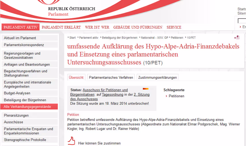 Opposition beklagt „Abwürgen“ von Petition zu Hypo-U-Ausschuss