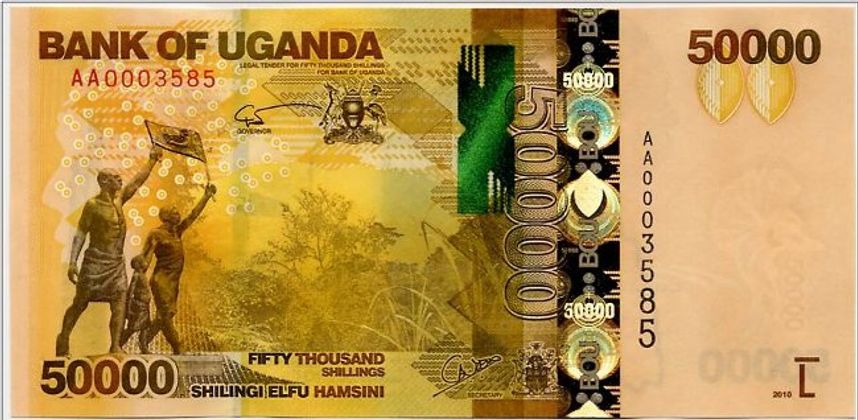 2010: Beliebt dank eines Affen. Die Oberhäupter des Commonwealth kamen 2007 zu einem Regierungstreffen in Uganda zusammen. Daran erinnert das „Stride Monument“ auf der Vorderseite der 50.000-Schilling-Note.