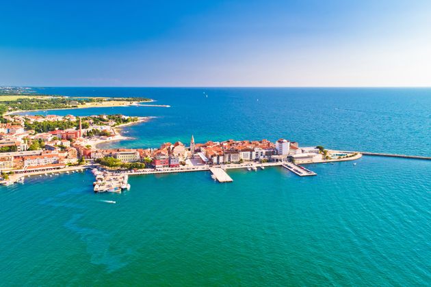 Town of Umag historic coastline architecture view from above, archipelago of Istria region, Croatia