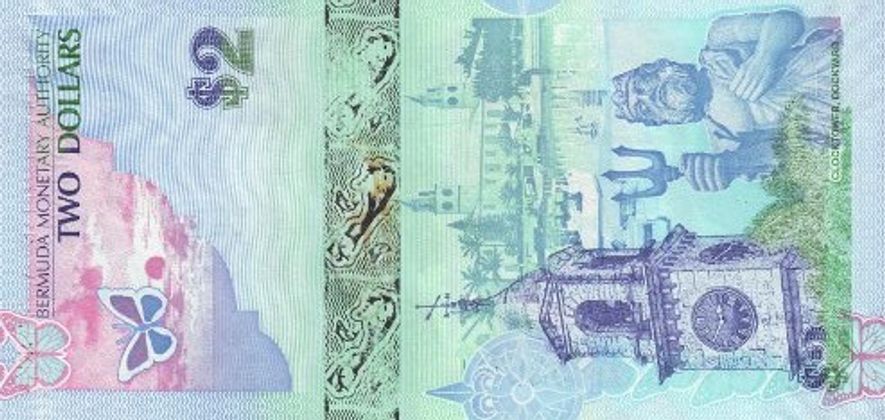 Die Rückseite des 2-Dollars-Scheins von den Bermuda-Inseln erzeugt Urlaubsgefühl. 2009 wurde der Schein von der IBNS zum Schönsten gekürt.