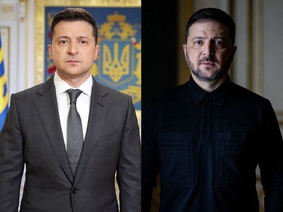 Der ukrainische Präsident Wolodymyr Selenskyj wurde zum Gesicht des Widerstands. Die Foto-Kombi zeigt ihn 2021, ein Jahr vor der Invasion, und vorige Woche.