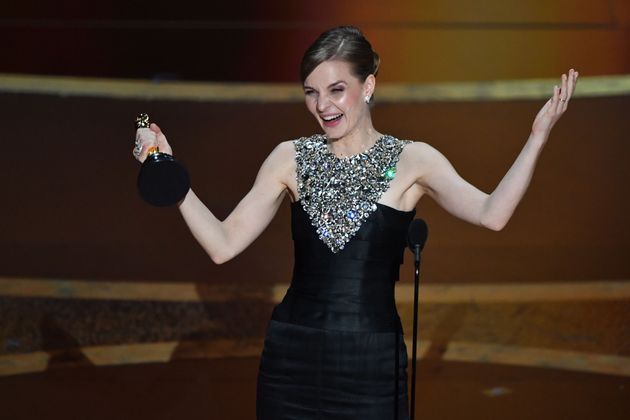 Icelandic musician Hildur Gudnadottir accepts the award for Best Original Score for "Joker" during the 92nd Oscars at the Dolby Theatre in Hollywood, California on February 9, 2020. (Photo by Mark RALSTON / AFP)