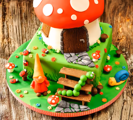 Mit viel Liebe zum Detail und Kreativität wird aus einer gewöhnlichen Torte ein Pilzhaus samt Vorgarten.