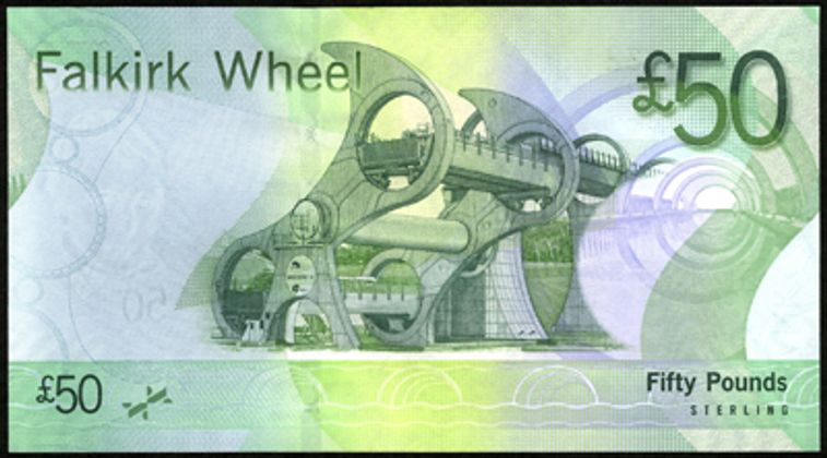 Auf der Rückseite des schottischen 20ers ist das Falkirk Wheel, ein Schiffshebewerk und architektonische Landmark zu bewundern.