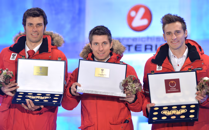 Slalom-Olympiasieger Mario Matt, der Zweitplatzierte Marcel Hirscher und der Abfahrts-Triumphator Matthias Mayer.