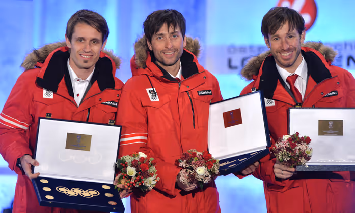 Die Bronzemedaillen-Gewinner im Teambewerb der Nordischen Kombination - Lukas Klapfer, Mario Stecher und Christoph Bieler. Bernhard Gruber fehlte, er liegt mit Grippe daheim.