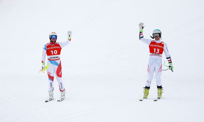 Beat Feuz und Vincent Kriechmayr hatten mit der Entscheidung nichts zu tun, fuhren im Doppelpack vom provisorischen Ziel am Oberhausberg ins Zielstadion ab.