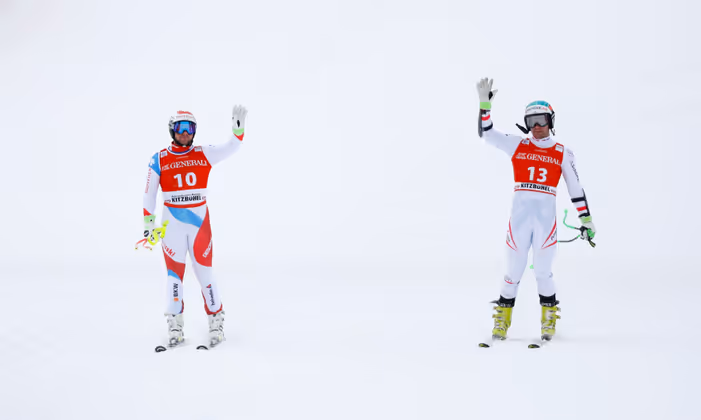 Beat Feuz und Vincent Kriechmayr hatten mit der Entscheidung nichts zu tun, fuhren im Doppelpack vom provisorischen Ziel am Oberhausberg ins Zielstadion ab.